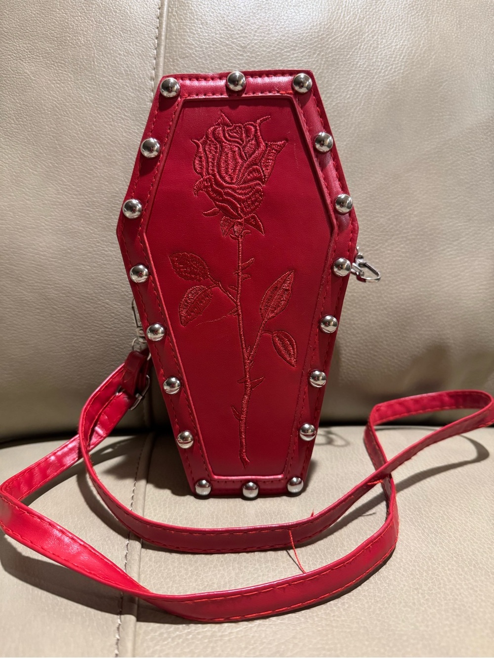 Red Thorny Rose 🌹 Embroidered Coffin 9” Crossbody Studded Bag  Women